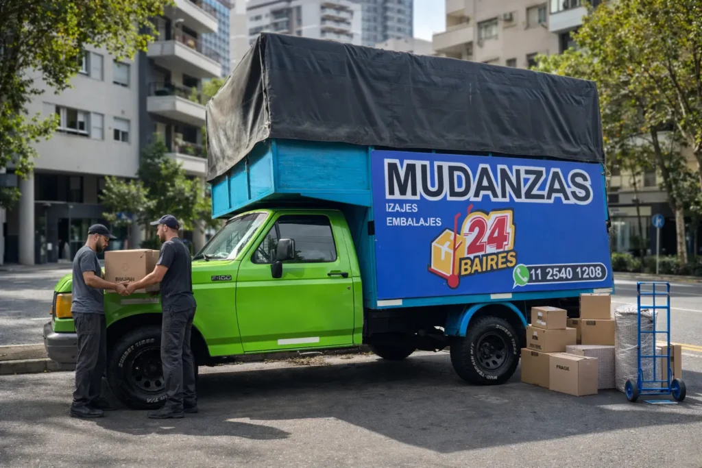 Personal cargando cajas junto a camión de Mudanzas 24 Baires